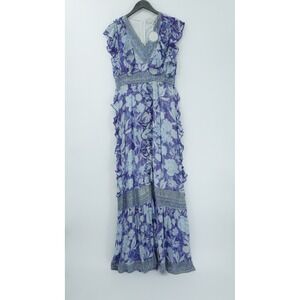 Just Bellina Dress Womens Medium Blue Metallic Ruffle Boho Maxi Chic Boho Flowy